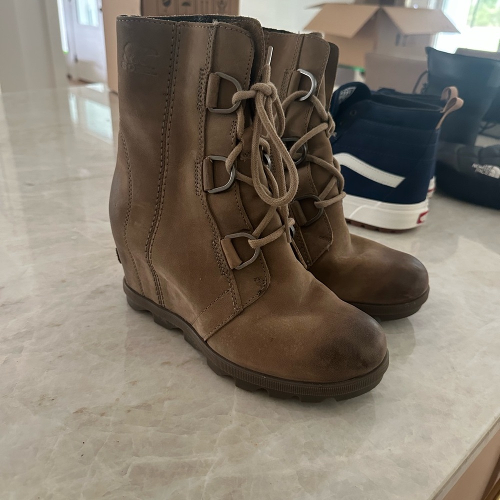 Sorel Tan Lace Up Wedge Boots